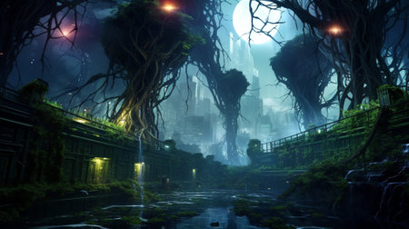 a luminous vines and roots weaves through the landscape, creating a harmonious connection between the mechanical and organic realms. nature and technology in a world where bioluminescent pathwaysの素材