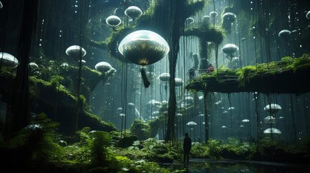 a realm where nature and technology intertwine in harmonious splendor. The jungle's canopy is adorned with mesmerizing bio-luminescent spheres that defy gravity, ethereal glow over the landscape.の素材