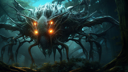 Step into an otherworldly realm where a magnificent biomechanical creature holds dominion over a lush forest of towering trees that radiate an ethereal glow. , where nature and technologyの素材