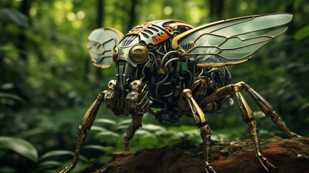 a balance is struck between biomechanical insects and animals. a world where the lines between nature and technology blur, as intricate mechanical wings flutter alongside vibrant organic petals.の素材