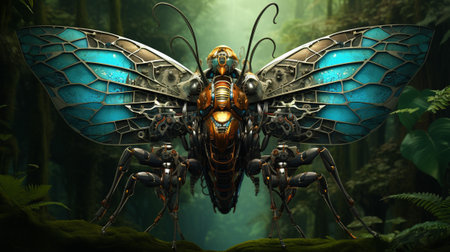 a balance is struck between biomechanical insects and animals. a world where the lines between nature and technology blur, as intricate mechanical wings flutter alongside vibrant organic petals.の素材