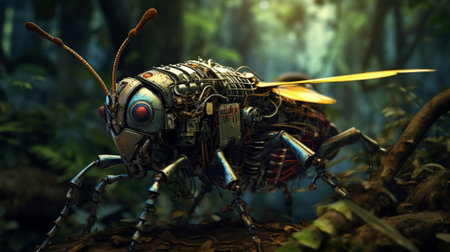 a balance is struck between biomechanical insects and animals. a world where the lines between nature and technology blur, as intricate mechanical wings flutter alongside vibrant organic petals.の素材