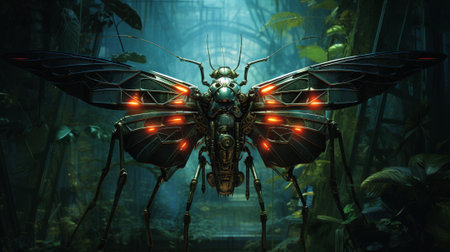 a balance is struck between biomechanical insects and animals. a world where the lines between nature and technology blur, as intricate mechanical wings flutter alongside vibrant organic petals.の素材