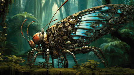 a balance is struck between biomechanical insects and animals. a world where the lines between nature and technology blur, as intricate mechanical wings flutter alongside vibrant organic petals.の素材
