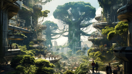 an awe-inspiring, colossal tree-like structure stands as the nexus of existence. Its intricate branches extend like circuit pathways, linking together a fusion of organic life and intricate machinery.の素材