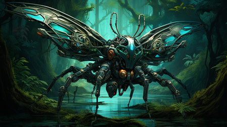 a balance is struck between biomechanical insects and animals. a world where the lines between nature and technology blur, as intricate mechanical wings flutter alongside vibrant organic petals.の素材
