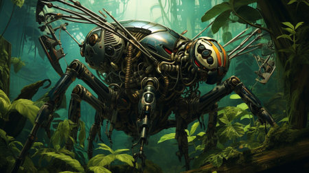 a balance is struck between biomechanical insects and animals. a world where the lines between nature and technology blur, as intricate mechanical wings flutter alongside vibrant organic petals.の素材