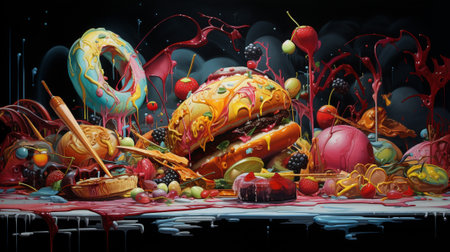 a mesmerizing abstract painting depicting the sin of gluttony from the infamous Seven Deadly Sins.A thought-provoking representation our relationship with consumption and self-control.の素材