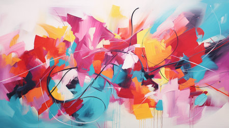 Immerse yourself in the vibrant world of abstract art. Bursting with lively colors and dynamic forms, this artwork encapsulates the essence of happiness in a unique and visually engaging manner.の素材