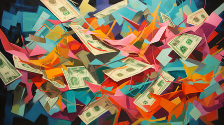 the essence of profitability through a dynamic interplay of colors, shapes, and textures. the transient nature of financial gains and the intricate complexities that underlie the pursuit of profit.の素材