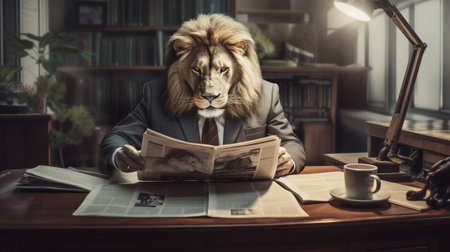 a lion takes on an unexpected role as it sits confidently at a miniature desk, dressed in a tailored suit. With a newspaper spread open before it, the lion appears engrossed in the latest newsの素材