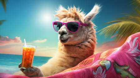 a laid-back alpaca enjoying a beach day like a vacation pro. With stylish sunglasses perched on its nose and comfortably sprawled on a vibrant beach towel, this alpaca knows how to soak up the sun.の素材