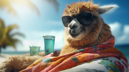 a laid-back alpaca enjoying a beach day like a vacation pro. With stylish sunglasses perched on its nose and comfortably sprawled on a vibrant beach towel, this alpaca knows how to soak up the sun.の素材