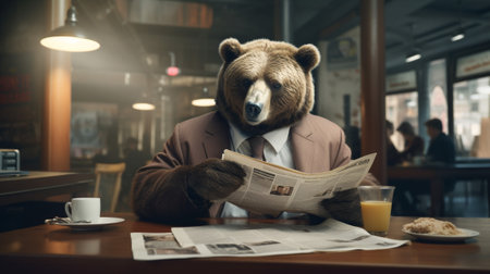 a bear sits confidently at a meticulously crafted tiny desk. Dressed impeccably in a tailored suit, Its paws delicately hold a newspaper that it peruses with an air of seriousness.の素材