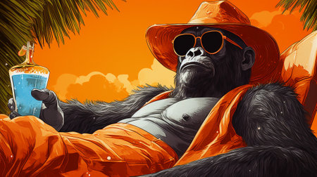 a laid-back gorilla takes a break from the jungle's hustle and bustle. Donning a pair of stylish sunglasses, this beachgoer reclines on a vibrant beach towel. In one hand, a colorful tropical drinkの素材