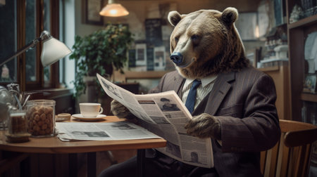 a bear sits confidently at a meticulously crafted tiny desk. Dressed impeccably in a tailored suit, Its paws delicately hold a newspaper that it peruses with an air of seriousness.の素材