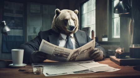 a bear sits confidently at a meticulously crafted tiny desk. Dressed impeccably in a tailored suit, Its paws delicately hold a newspaper that it peruses with an air of seriousness.の素材