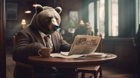 a bear sits confidently at a meticulously crafted tiny desk. Dressed impeccably in a tailored suit, Its paws delicately hold a newspaper that it peruses with an air of seriousness.の素材