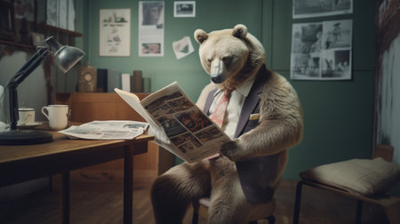 a bear sits confidently at a meticulously crafted tiny desk. Dressed impeccably in a tailored suit, Its paws delicately hold a newspaper that it peruses with an air of seriousness.の素材