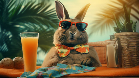 a laid-back rabbit takes a break from its hopping schedule to enjoy some sun-soaked leisure time. Dressed in stylish sunglasses and reclining on a vibrant beach towel with a refreshing tropical drinkの素材