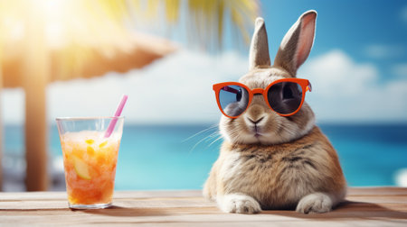 a laid-back rabbit takes a break from its hopping schedule to enjoy some sun-soaked leisure time. Dressed in stylish sunglasses and reclining on a vibrant beach towel with a refreshing tropical drinkの素材