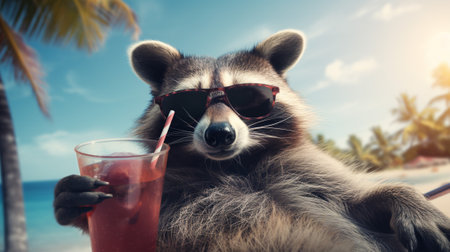 a charming raccoon takes relaxation to a whole new level. Dressed in stylish sunglasses and lounging on a vibrant beach towel, the raccoon enjoys the sun's warmth and a refreshing tropical drink.の素材