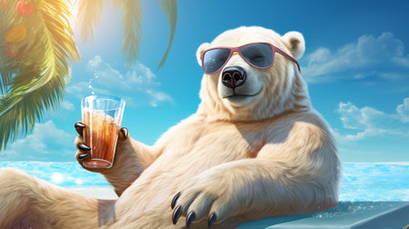 this polar bear has traded its snowy surroundings for sandy shores. Wearing stylish sunglasses, it reclines on a vibrant beach towel, complete with a refreshing tropical drink by its side.の素材