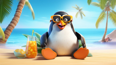 a penguin from Antarctic to a tropical paradise. Sporting a pair of stylish sunglasses, the penguin lounges comfortably on a vibrant beach towel, s with a colorful tropical drink in its flipperの素材