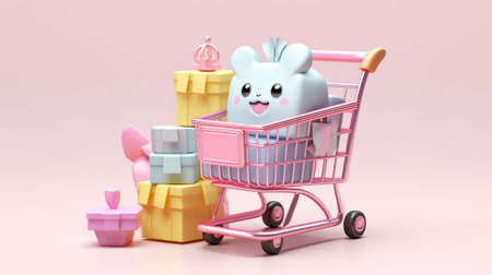 tiny cute characters indulge in a delightful online shopping spree. In this enchanting 3D scene, mini shoppers explore a virtual filled with microscopic products, experiencing the magic of e-commerceの素材
