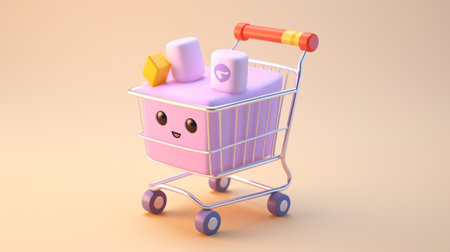 tiny cute characters indulge in a delightful online shopping spree. In this enchanting 3D scene, mini shoppers explore a virtual filled with microscopic products, experiencing the magic of e-commerceの素材