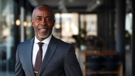 African American businessman, aged 50-60 years, exudes confidence and style Dressed impeccably in an elegant suit and adorned with an expensive tie, he stands tall with a captivating smile.の素材
