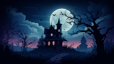 the haunting allure of a mysterious and abandoned mansion shrouded in darkness. This evocative photograph showcases the iconic silhouette of a haunted house set against the backdrop of a moonlit sky.の素材