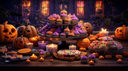 a world of Halloween wonder. The scene is set with a lavish spread of delectable themed treats, ranging from intricately decorated cupcakes to hauntingly delicious cookies and a rainbow of candies.の素材