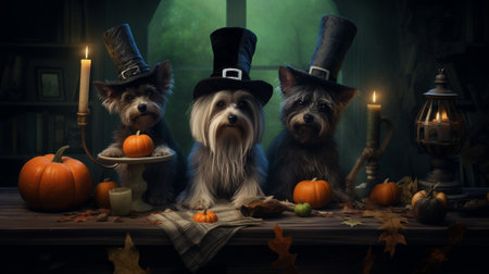 Immerse yourself in the enchanting world of Halloween as these adorable pets don their most charming and creative costumes. the delightful union of playful pets and festive Halloween allure.の素材