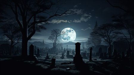 a serene cemetery comes alive with an aura of mystery. The moonlight, like a silvery veil, bathes the aged tombstones in a gentle glow, casting their elongated shadows upon the hallowed ground.の素材