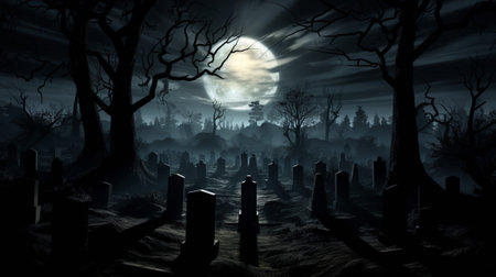 a serene cemetery comes alive with an aura of mystery. The moonlight, like a silvery veil, bathes the aged tombstones in a gentle glow, casting their elongated shadows upon the hallowed ground.の素材