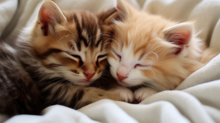 Get lost in the heartwarming embrace of these adorable kittens as they snuggle up to each other, radiating pure comfort and companionship. Their fur is soft, their eyes are closed in contentmentの素材