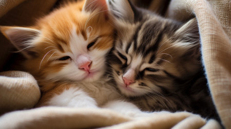 Get lost in the heartwarming embrace of these adorable kittens as they snuggle up to each other, radiating pure comfort and companionship. Their fur is soft, their eyes are closed in contentmentの素材