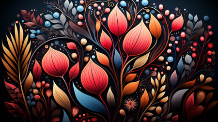 Delicate flowers, intricate leaves, and gracefully winding vines come together in a harmonious dance of colors and shapes. This exquisite pattern designed to bring a touch of elegance to any spaceの素材
