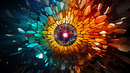 the essence of raw energy and explosive vitality. Imagine a kaleidoscope of colors erupting in mesmerizing bursts, intertwining with dynamic shapes that seem to dance with exuberance.の素材