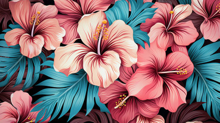 a tropical paradise pattern. This captivating design transports you to a getaway surrounded by lush palm leaves, tantalizing exotic fruits, and a burst of brilliantly colored flowers.の素材