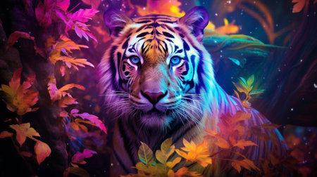 The mesmerizing beauty of nature unfolds as a magnificent tiger stands poised in a dense jungle, illuminated by the ethereal glow of an enchanting aurora dancing across the night sky.の素材