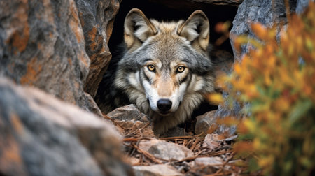 a skilled wolf demonstrates ability to blend seamlessly into its environment. The wolf's fur mirrors the colors and textures of the rugged rocks, rendering it nearly invisible to the casual observer.の素材