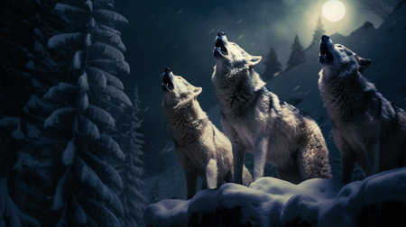 a pack of wolves gathers beneath the radiant glow of a full moon in the snow-covered forest. Their fur shimmers in the moonlight as they raise heads, their haunting howls filling the crisp night air.の素材