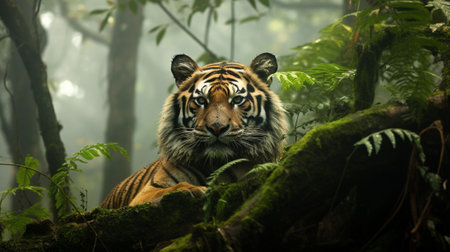 A majestic tiger finds solace beneath the protective canopy of towering trees. The tiger rests with a quiet elegance, its powerful form blending harmoniously with the forest's whispered secrets.の素材