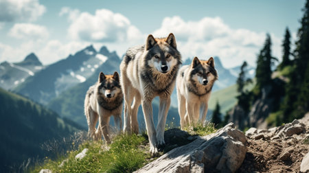 a pack of majestic wolves fearlessly navigate a rugged mountain terrain. With determination in their eyes, they ascend the rocky slopes, offering a breathtaking view of the world belowの素材