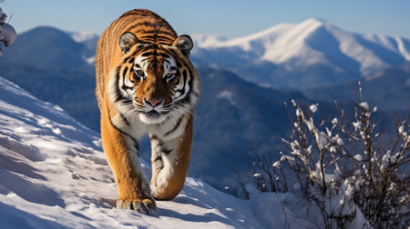 a mesmerizing sight unfolds as a magnificent tiger, its tawny fur a striking contrast against the pristine snow, prowls with graceful prowess along the jagged crest of a snow-covered mountain ridge.の素材