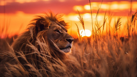 A lone lion stands tall, its powerful form silhouetted against the backdrop of a vibrant orange and pink sky. The setting sun casts a warm glow over the landscape, grass sways gently in the breeze.の素材