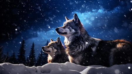 a pack of majestic wolves stands upon a hillside, their silhouettes illuminated by the soft glow of the moon and stars. The night sky above twinkling constellations, casting an light to the world.の素材