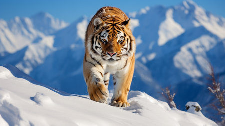 a mesmerizing sight unfolds as a magnificent tiger, its tawny fur a striking contrast against the pristine snow, prowls with graceful prowess along the jagged crest of a snow-covered mountain ridge.の素材